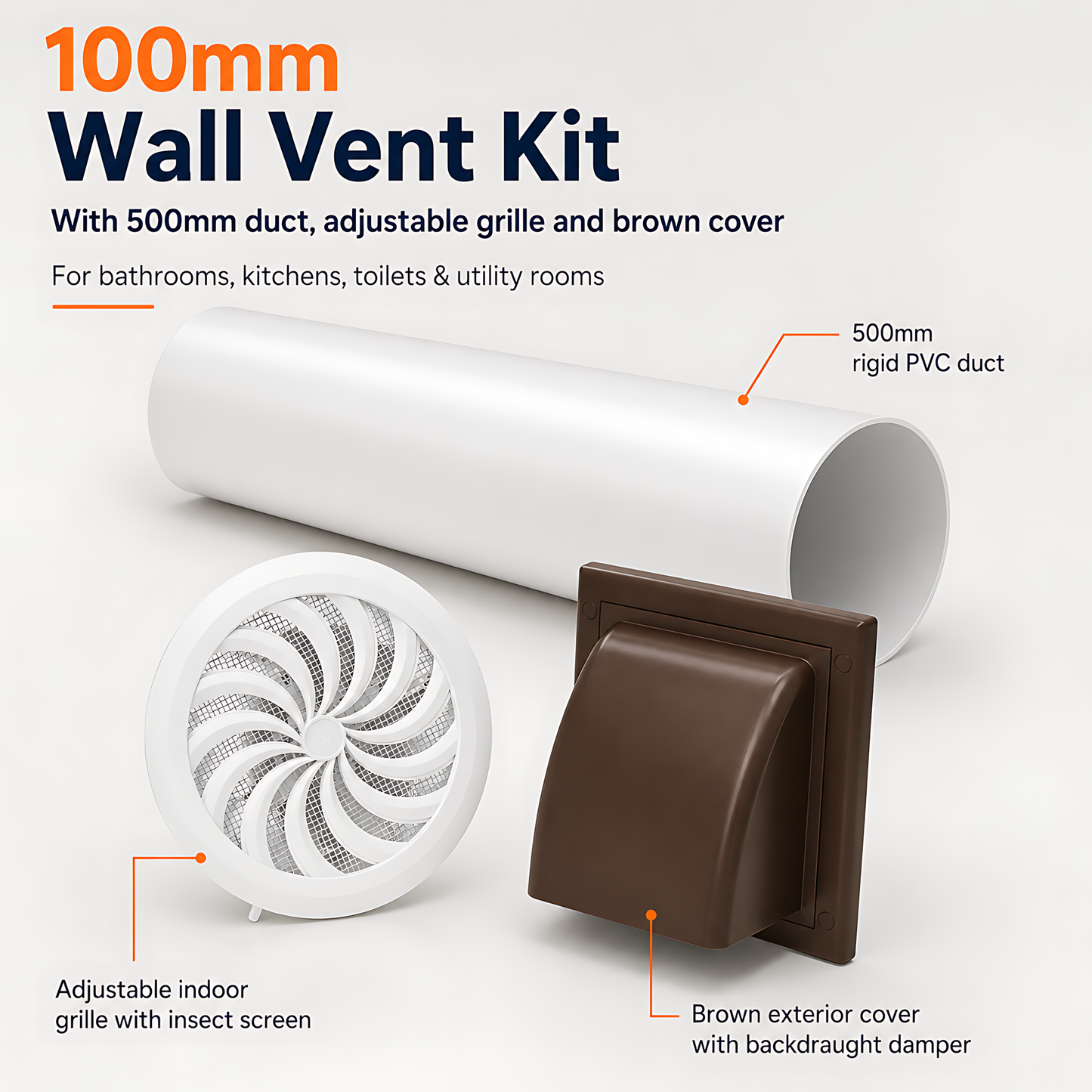 100mm Wall Vent Kit with 500mm Duct, Adjustable Grille and Brown Cover for Bathrooms, Kitchens, Toilets and Utility Rooms