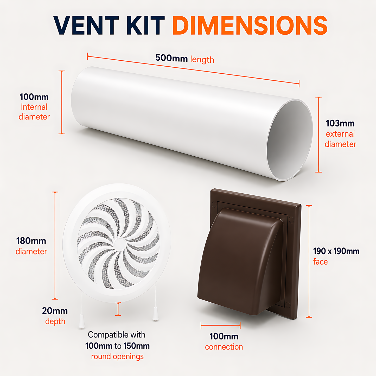 100mm Wall Vent Kit with 500mm Duct, Adjustable Grille and Brown Cover for Bathrooms, Kitchens, Toilets and Utility Rooms