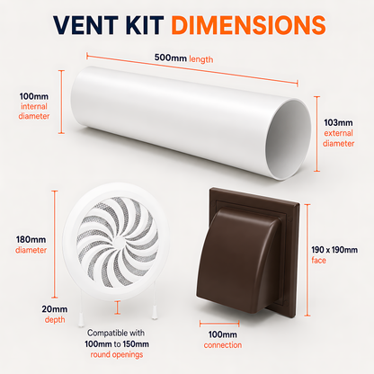 100mm Wall Vent Kit with 500mm Duct, Adjustable Grille and Brown Cover for Bathrooms, Kitchens, Toilets and Utility Rooms