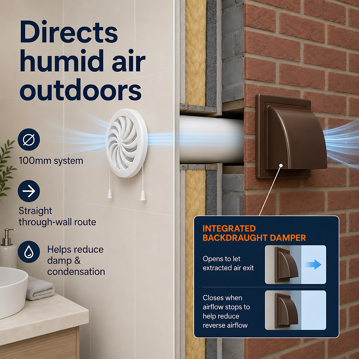 100mm Wall Vent Kit with 500mm Duct, Adjustable Grille and Brown Cover for Bathrooms, Kitchens, Toilets and Utility Rooms