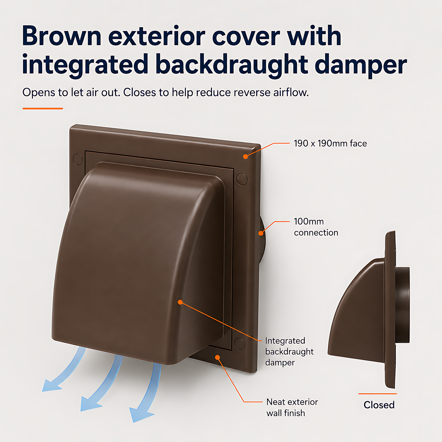100mm Wall Vent Kit with 500mm Duct, Adjustable Grille and Brown Cover for Bathrooms, Kitchens, Toilets and Utility Rooms