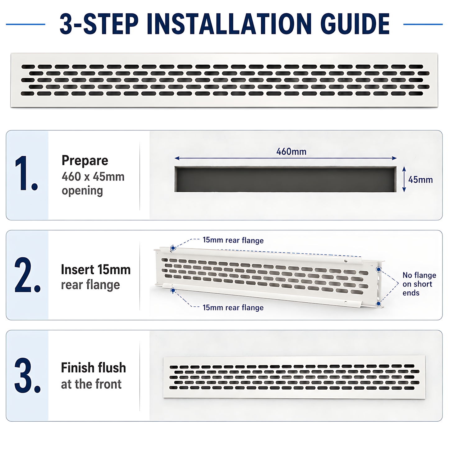 Rectangular Metal Ventilation Grille 460 x 45mm - White Matt Colour - Air Vent Cover,  485 x 60mm Overall, 15mm Flange