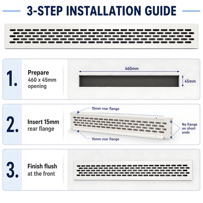 Rectangular Metal Ventilation Grille 460 x 45mm - White Matt Colour - Air Vent Cover,  485 x 60mm Overall, 15mm Flange