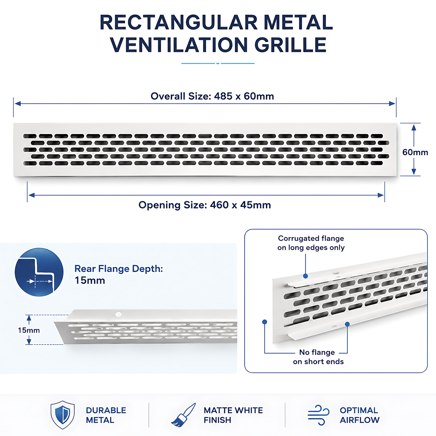 Rectangular Metal Ventilation Grille 460 x 45mm - White Matt Colour - Air Vent Cover,  485 x 60mm Overall, 15mm Flange