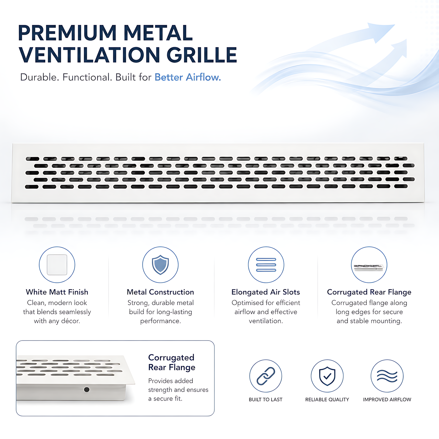 Rectangular Metal Ventilation Grille 460 x 45mm - White Matt Colour - Air Vent Cover,  485 x 60mm Overall, 15mm Flange