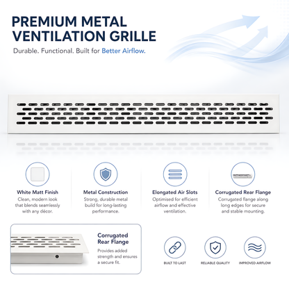 Rectangular Metal Ventilation Grille 460 x 45mm - White Matt Colour - Air Vent Cover,  485 x 60mm Overall, 15mm Flange