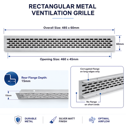 Rectangular Metal Ventilation Grille 460 x 45mm - Silver Matt Colour - Air Vent Cover,  485 x 60mm Overall, 15mm Flange