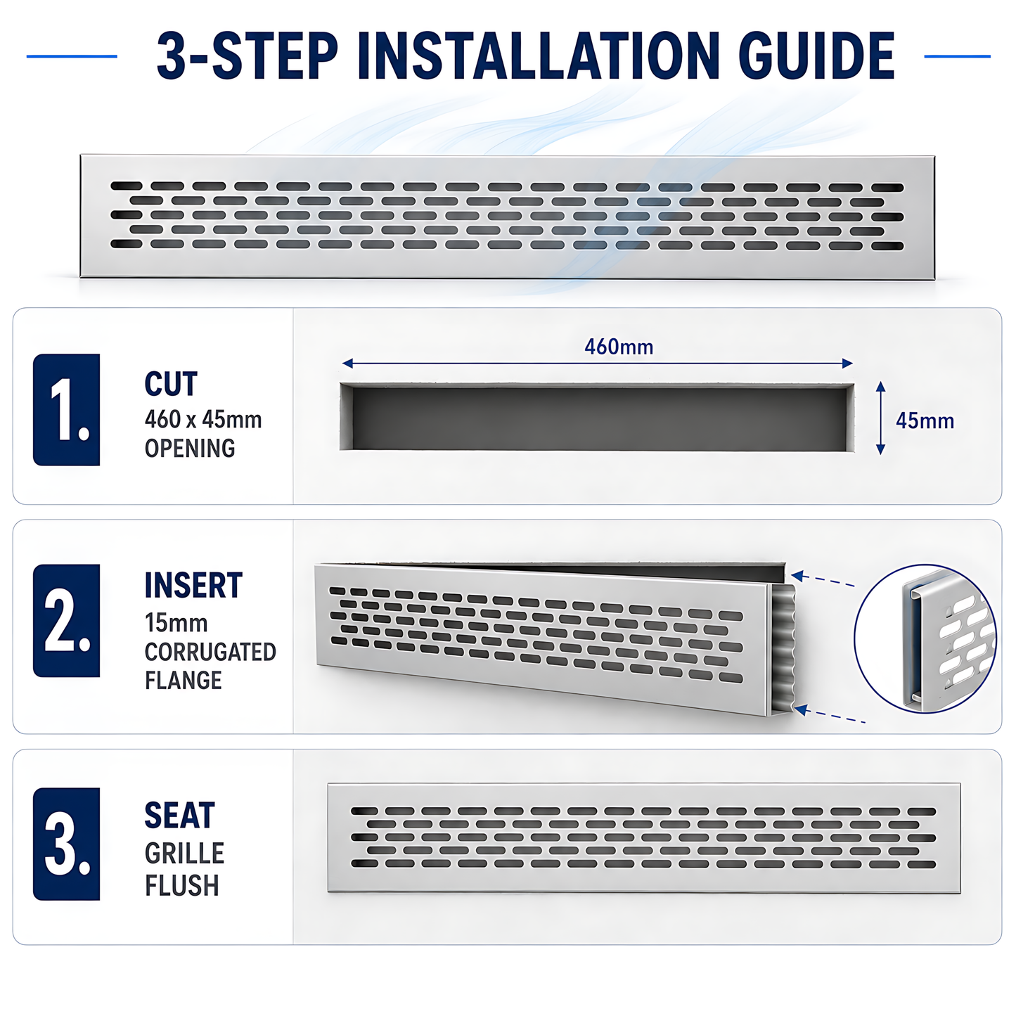 Rectangular Metal Ventilation Grille 460 x 45mm - Silver Matt Colour - Air Vent Cover,  485 x 60mm Overall, 15mm Flange