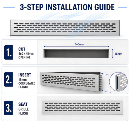 Rectangular Metal Ventilation Grille 460 x 45mm - Silver Matt Colour - Air Vent Cover,  485 x 60mm Overall, 15mm Flange