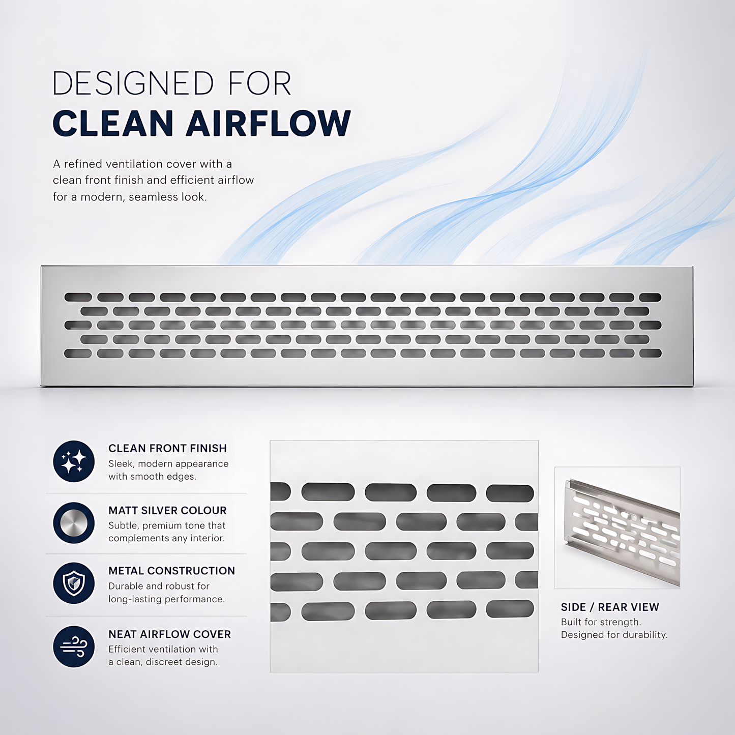 Rectangular Metal Ventilation Grille 460 x 45mm - Silver Matt Colour - Air Vent Cover,  485 x 60mm Overall, 15mm Flange