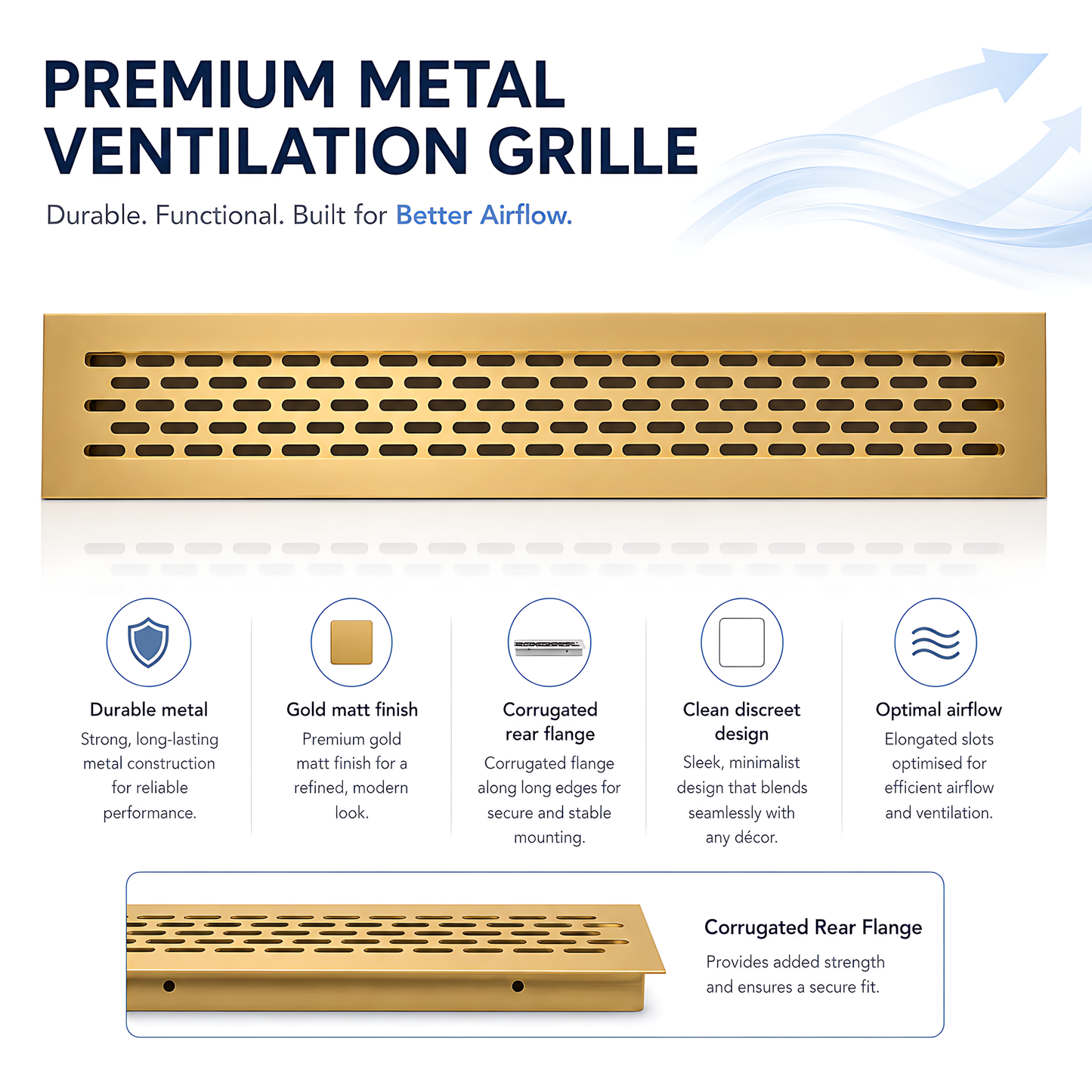 Rectangular Metal Ventilation Grille 460 x 45mm - Gold Matt Colour - Air Vent Cover,  485 x 60mm Overall, 15mm Flange