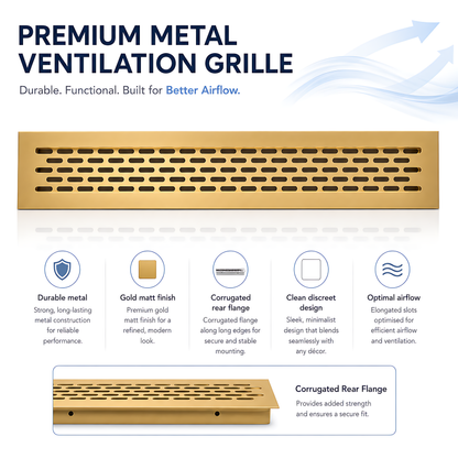 Rectangular Metal Ventilation Grille 460 x 45mm - Gold Matt Colour - Air Vent Cover,  485 x 60mm Overall, 15mm Flange