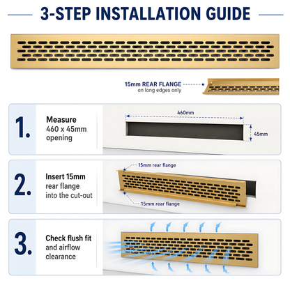 Rectangular Metal Ventilation Grille 460 x 45mm - Gold Matt Colour - Air Vent Cover,  485 x 60mm Overall, 15mm Flange
