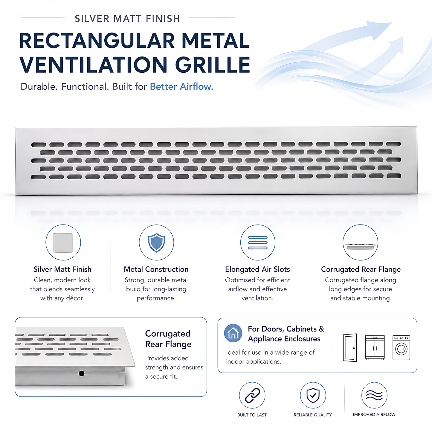 Rectangular Metal Ventilation Grille 460 x 45mm - Silver Matt Colour - Air Vent Cover,  485 x 60mm Overall, 15mm Flange