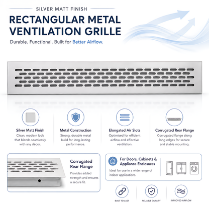 Rectangular Metal Ventilation Grille 460 x 45mm - Silver Matt Colour - Air Vent Cover,  485 x 60mm Overall, 15mm Flange