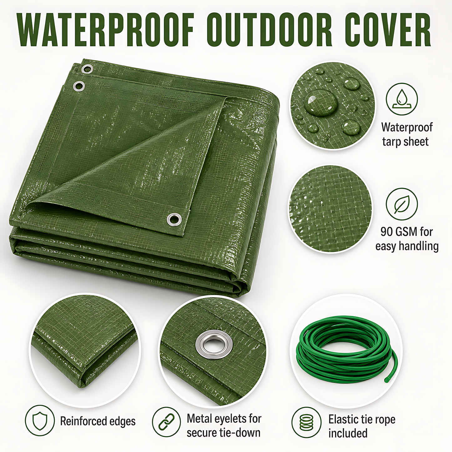 Green Tarpaulin 8 x 12m Heavy-Duty Waterproof 90gsm with 10m Elastic Tie Rope - Tarp Sheet Cover for Garden Furniture, Logs