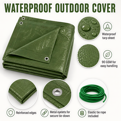 Green Tarpaulin 8 x 12m Heavy-Duty Waterproof 90gsm with 10m Elastic Tie Rope - Tarp Sheet Cover for Garden Furniture, Logs
