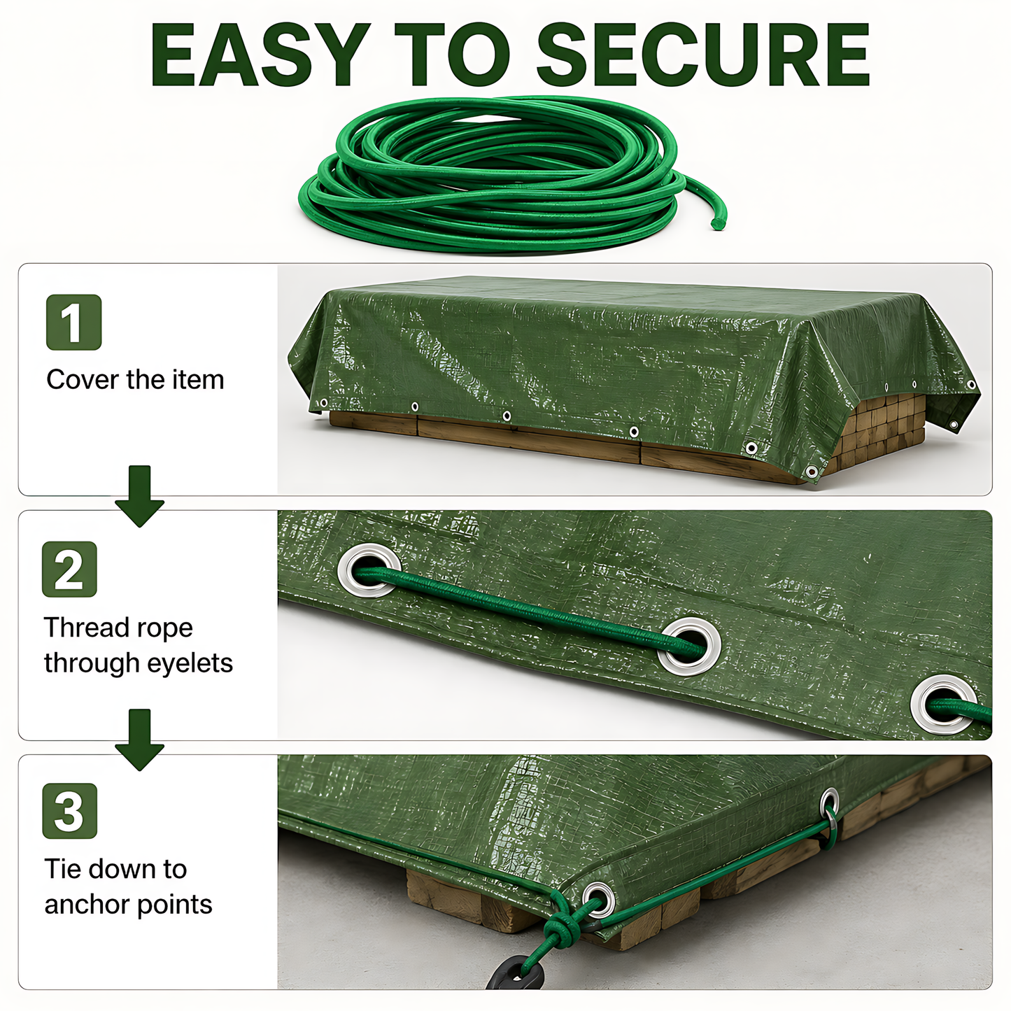 Green Tarpaulin 4 x 4m Heavy-Duty Waterproof 90gsm with 10m Elastic Tie Rope - Tarp Sheet Cover for Garden Furniture, Logs