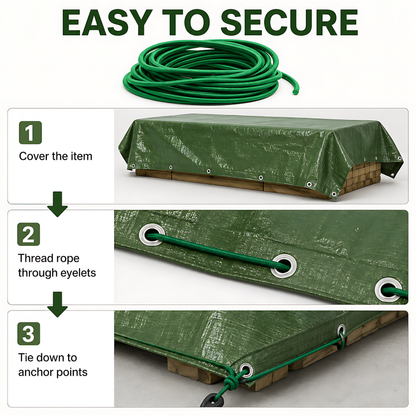 Green Tarpaulin 4 x 4m Heavy-Duty Waterproof 90gsm with 10m Elastic Tie Rope - Tarp Sheet Cover for Garden Furniture, Logs
