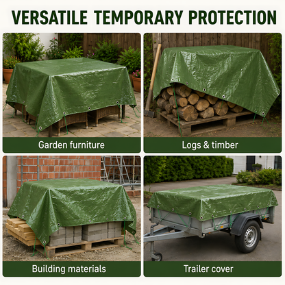 Green Tarpaulin 2 x 2m Heavy-Duty Waterproof 90gsm with 10m Elastic Tie Rope - Tarp Sheet Cover for Garden Furniture, Logs