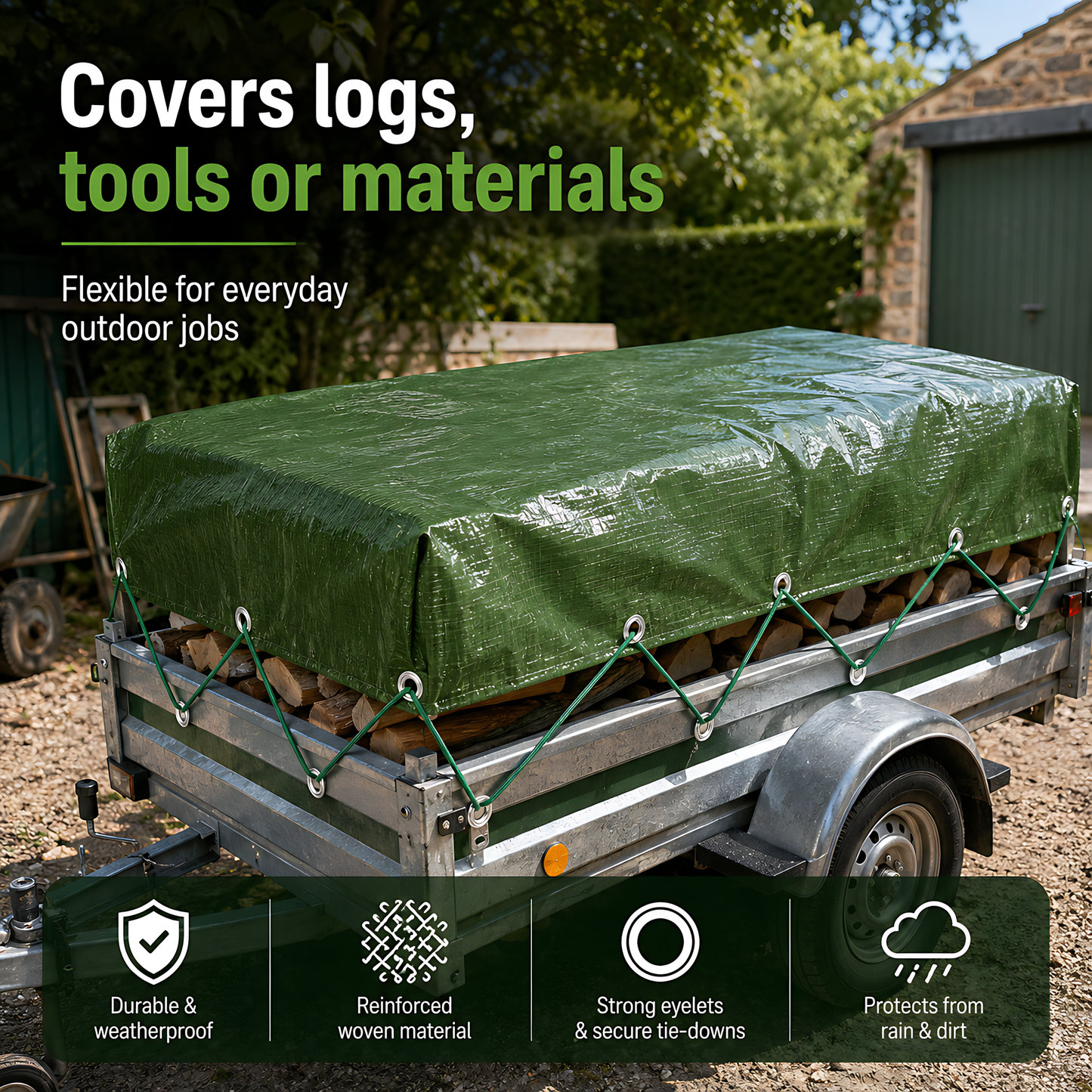Green Tarpaulin 4 x 8m Heavy-Duty Waterproof 90gsm with 10m Elastic Tie Rope - Tarp Sheet Cover for Garden Furniture, Logs