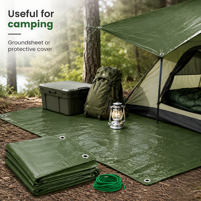Green Tarpaulin 3 x 4m Heavy-Duty Waterproof 90gsm with 10m Elastic Tie Rope - Tarp Sheet Cover for Garden Furniture, Logs