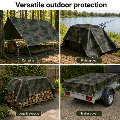 Camouflage Tarpaulin 3 x 4m Heavy-Duty Waterproof 85gsm with 10m Elastic Tie Rope - Camo Tarp Sheet Cover for Camping, Fishing