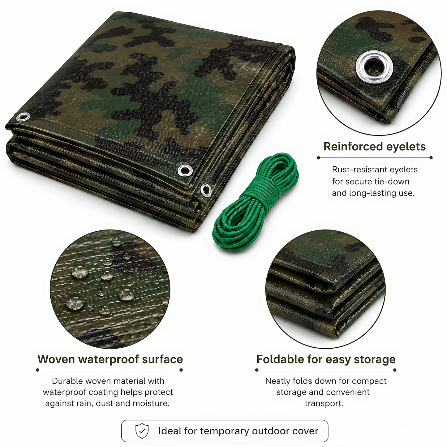 Camouflage Tarpaulin 1.5 x 2m Heavy-Duty Waterproof 85gsm with 10m Elastic Tie Rope - Camo Tarp Sheet Cover for Camping, Fishing