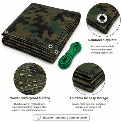 Camouflage Tarpaulin 2 x 3m Heavy-Duty Waterproof 85gsm with 10m Elastic Tie Rope - Camo Tarp Sheet Cover for Camping, Fishing