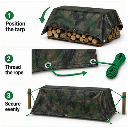 Camouflage Tarpaulin 3 x 5m Heavy-Duty Waterproof 85gsm with 10m Elastic Tie Rope - Camo Tarp Sheet Cover for Camping, Fishing