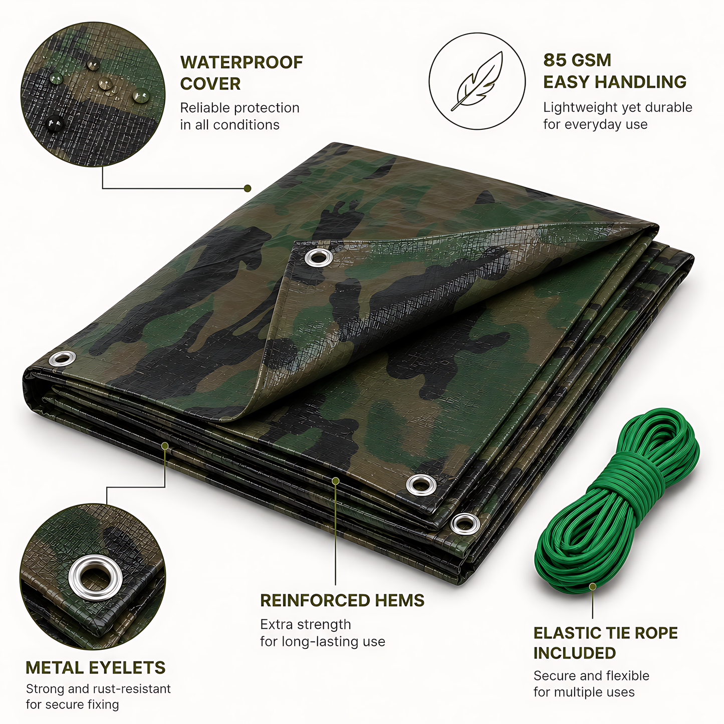 Camouflage Tarpaulin 4 x 5m Heavy-Duty Waterproof 85gsm with 10m Elastic Tie Rope - Camo Tarp Sheet Cover for Camping, Fishing