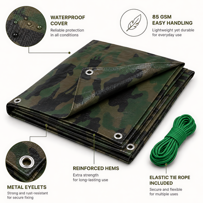 Camouflage Tarpaulin 2 x 3m Heavy-Duty Waterproof 85gsm with 10m Elastic Tie Rope - Camo Tarp Sheet Cover for Camping, Fishing