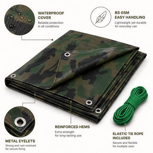 Camouflage Tarpaulin 6 x 10m Heavy-Duty Waterproof 85gsm with 10m Elastic Tie Rope - Camo Tarp Sheet Cover for Camping, Fishing