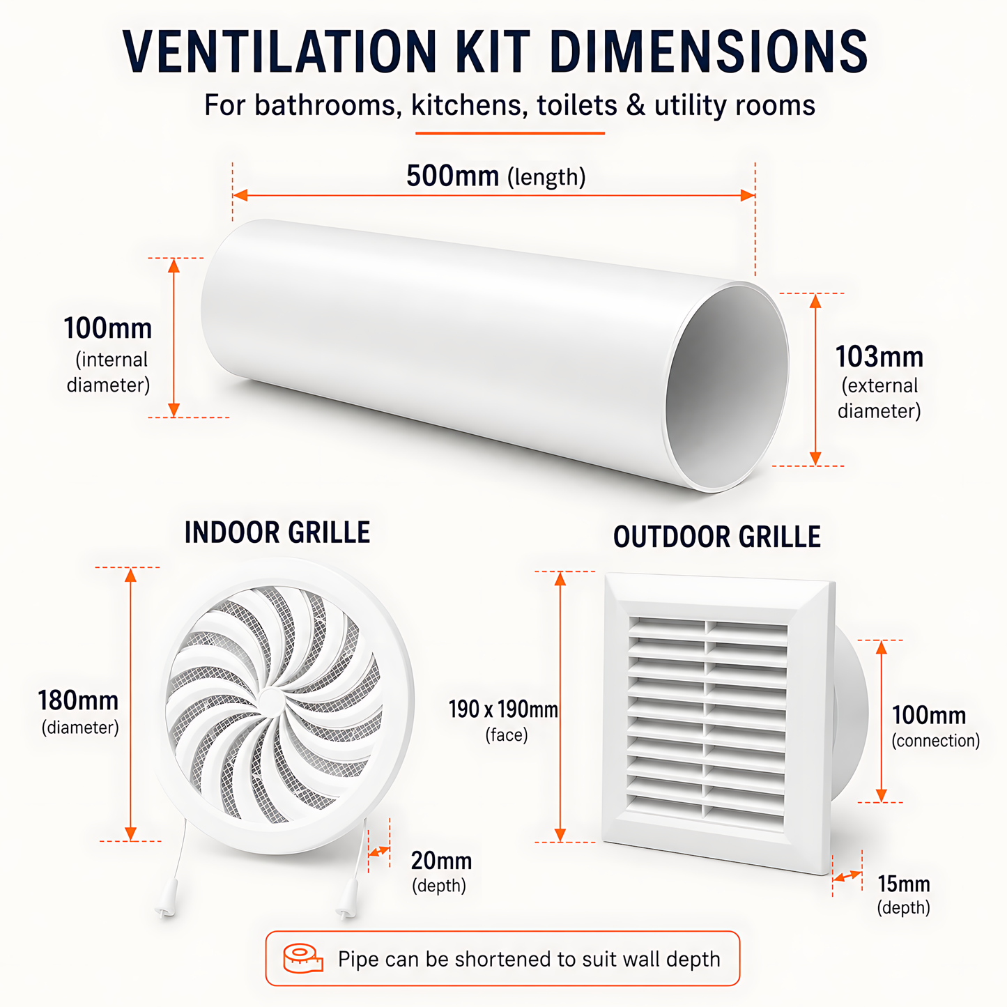 100mm Wall Vent Kit with 500mm Duct, Adjustable Grille & Backdraught Vent for Bathrooms, Kitchens, Toilets, Cloakrooms, Laundry