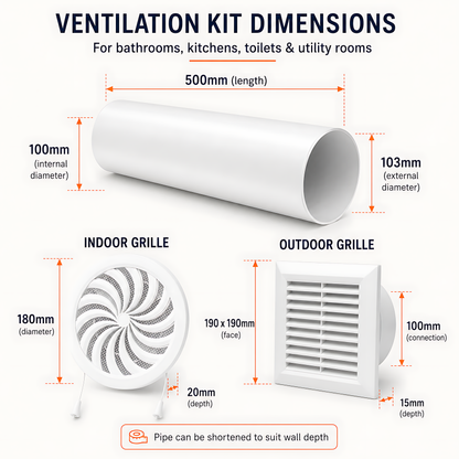 100mm Wall Vent Kit with 500mm Duct, Adjustable Grille & Backdraught Vent for Bathrooms, Kitchens, Toilets, Cloakrooms, Laundry