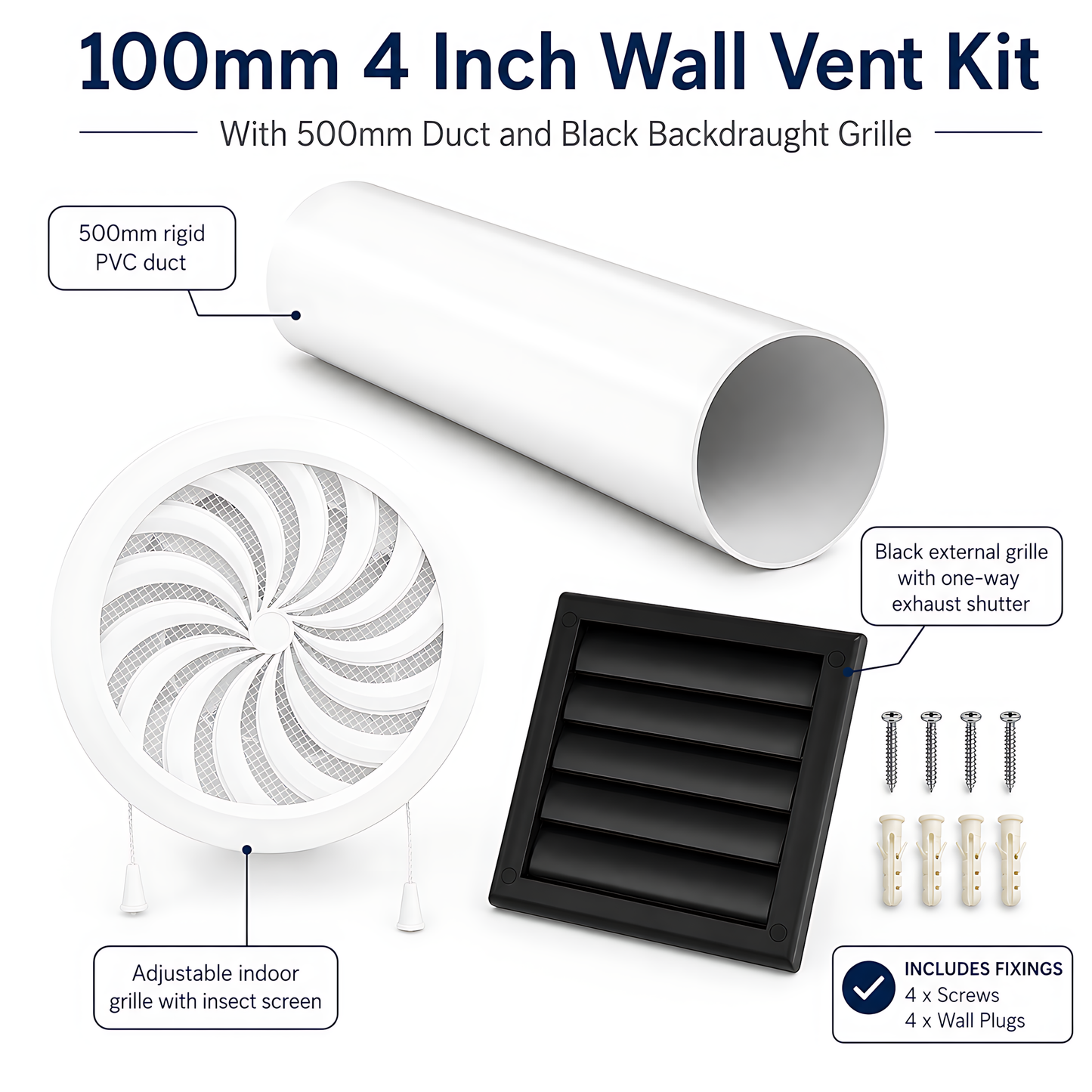 100mm 4 Inch Wall Vent Kit with 500mm Duct & Black Backdraught Grille for Bathrooms, Kitchens, Toilets, Cloakrooms & Utility Rooms
