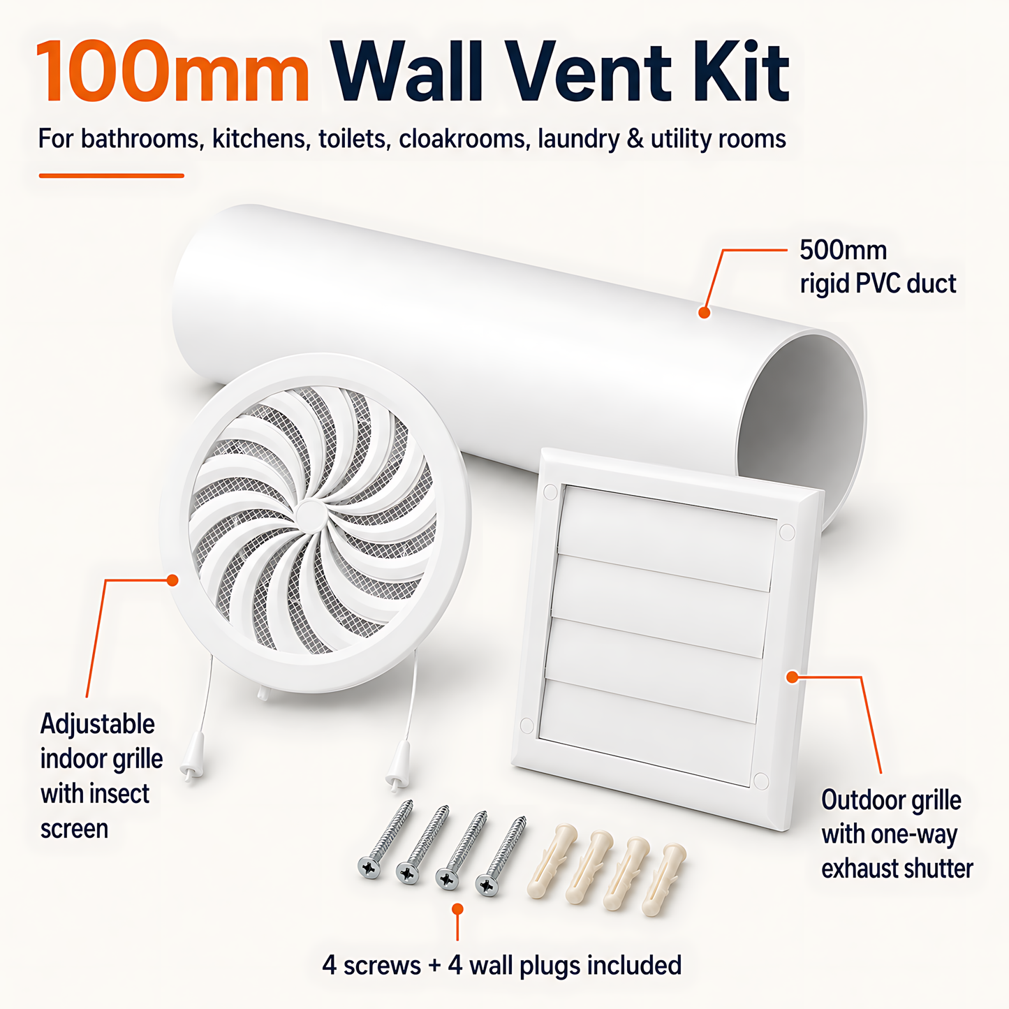 100mm Wall Vent Kit with 500mm Duct, Adjustable Grille & Backdraught Vent for Bathrooms, Kitchens, Toilets, Cloakrooms, Laundry