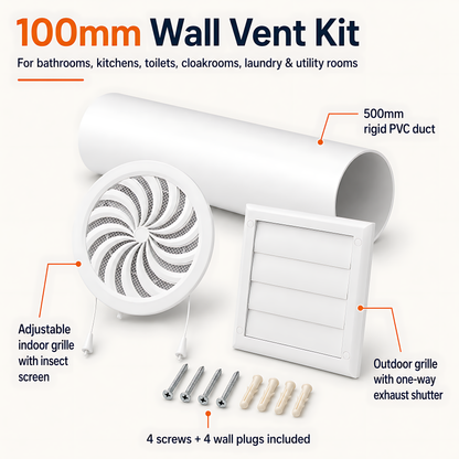 100mm Wall Vent Kit with 500mm Duct, Adjustable Grille & Backdraught Vent for Bathrooms, Kitchens, Toilets, Cloakrooms, Laundry