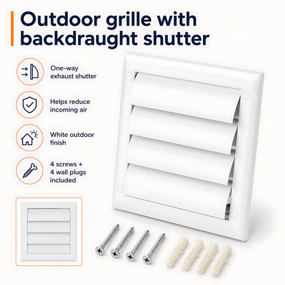 100mm Wall Vent Kit with 500mm Duct, Adjustable Grille & Backdraught Vent for Bathrooms, Kitchens, Toilets, Cloakrooms, Laundry