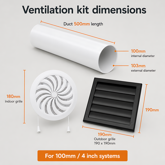 100mm 4 Inch Wall Vent Kit with 500mm Duct & Black Backdraught Grille for Bathrooms, Kitchens, Toilets, Cloakrooms & Utility Rooms
