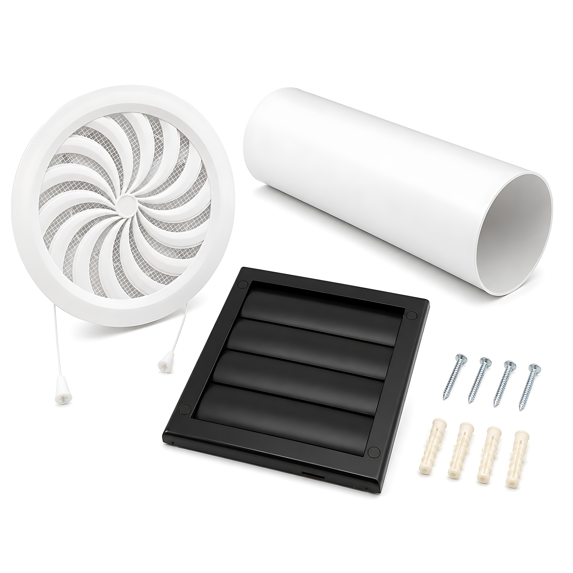 100mm 4 Inch Wall Vent Kit with 500mm Duct & Black Backdraught Grille for Bathrooms, Kitchens, Toilets, Cloakrooms & Utility Rooms