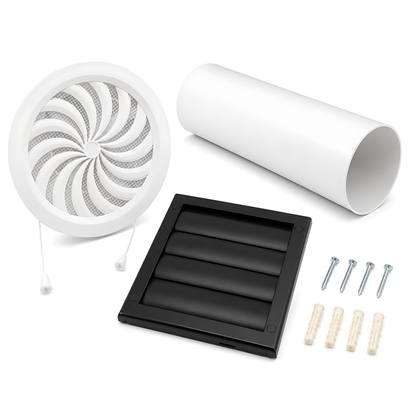 100mm 4 Inch Wall Vent Kit with 500mm Duct & Black Backdraught Grille for Bathrooms, Kitchens, Toilets, Cloakrooms & Utility Rooms