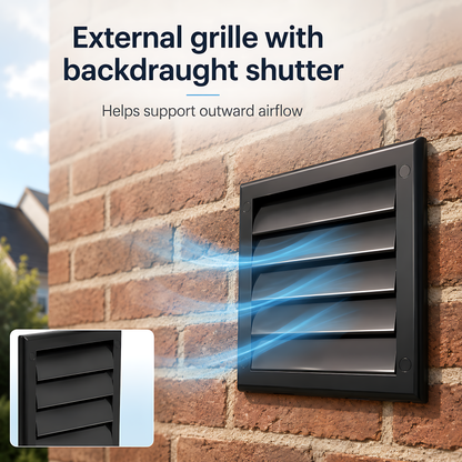 100mm 4 Inch Wall Vent Kit with 500mm Duct & Black Backdraught Grille for Bathrooms, Kitchens, Toilets, Cloakrooms & Utility Rooms