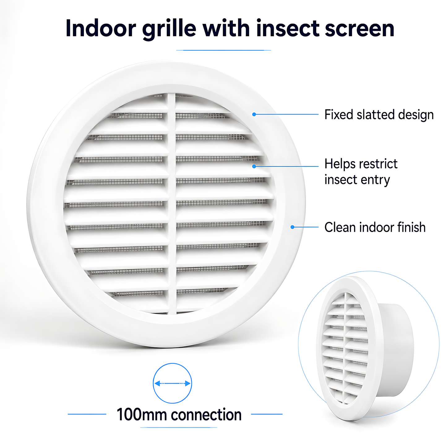 100mm Wall Vent Kit with 500mm Duct, Indoor Grille & Backdraught Vent for Bathrooms, Kitchens, Toilets, Cloakrooms & Utility Rooms