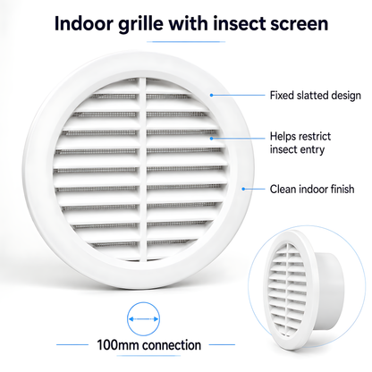 100mm Wall Vent Kit with 500mm Duct, Indoor Grille & Backdraught Vent for Bathrooms, Kitchens, Toilets, Cloakrooms & Utility Rooms