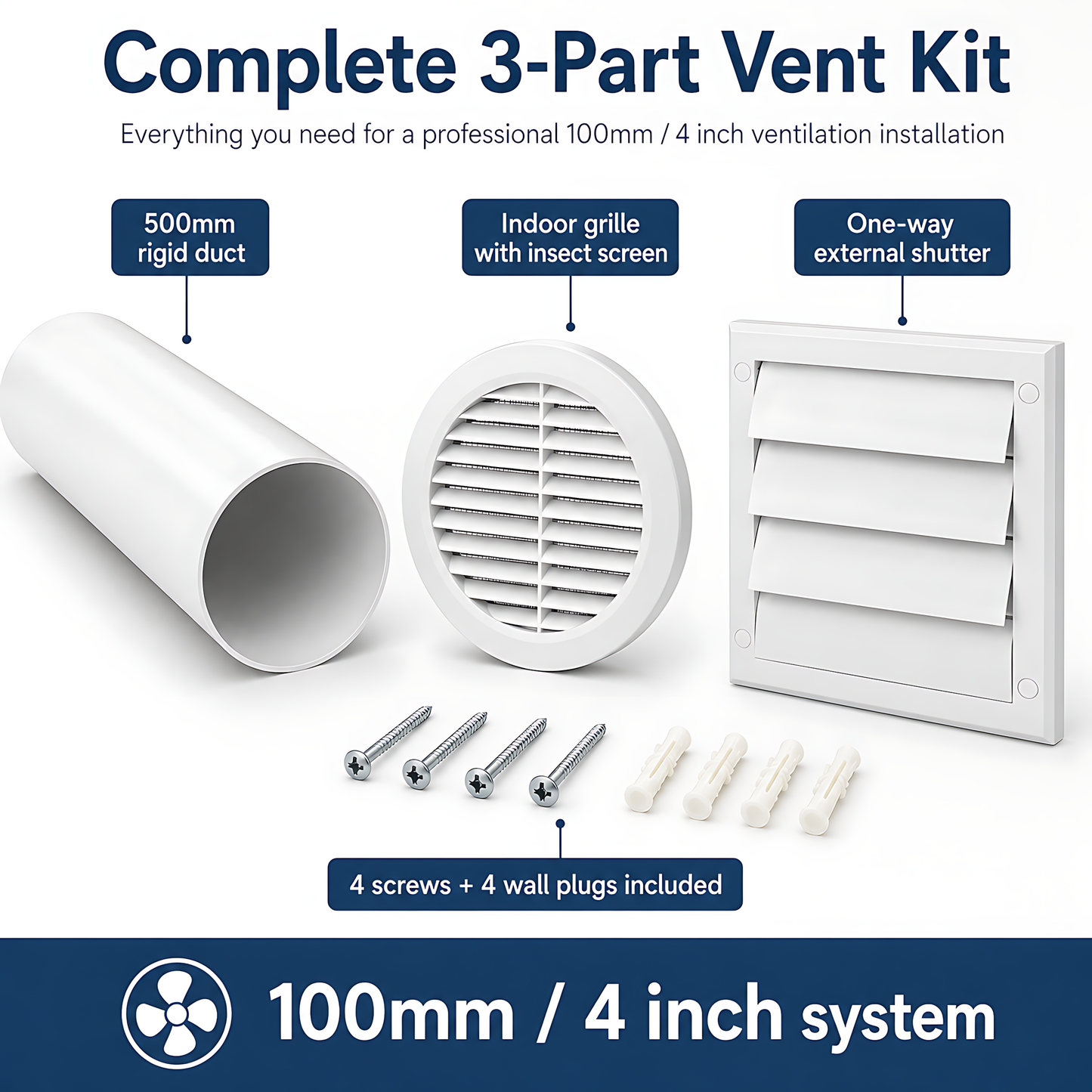 100mm Wall Vent Kit with 500mm Duct, Indoor Grille & Backdraught Vent for Bathrooms, Kitchens, Toilets, Cloakrooms & Utility Rooms
