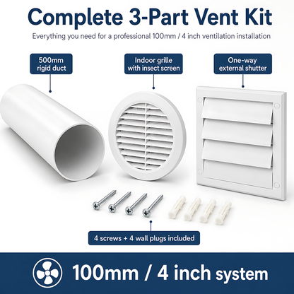 100mm Wall Vent Kit with 500mm Duct, Indoor Grille & Backdraught Vent for Bathrooms, Kitchens, Toilets, Cloakrooms & Utility Rooms