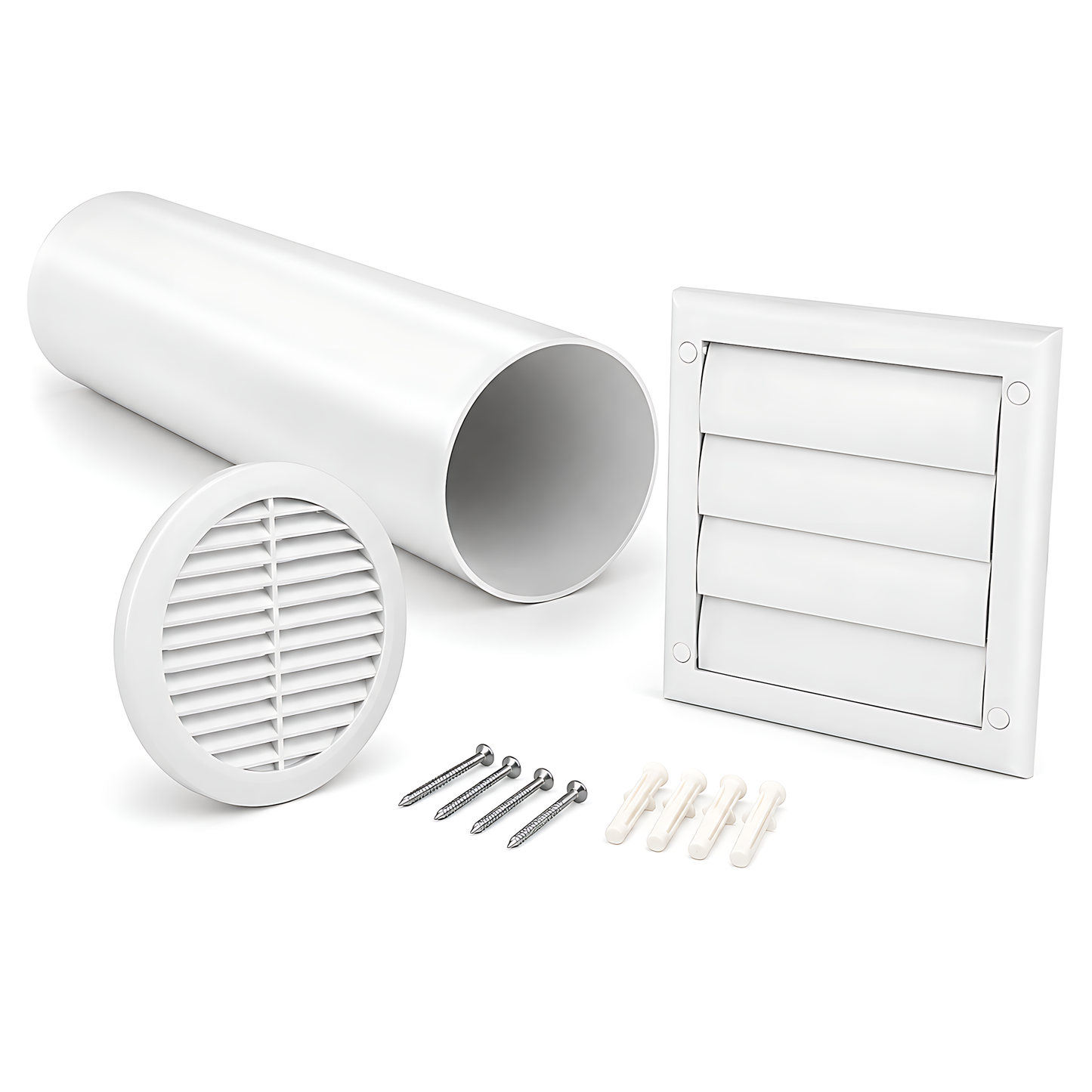 100mm Wall Vent Kit with 500mm Duct, Indoor Grille & Backdraught Vent for Bathrooms, Kitchens, Toilets, Cloakrooms & Utility Rooms