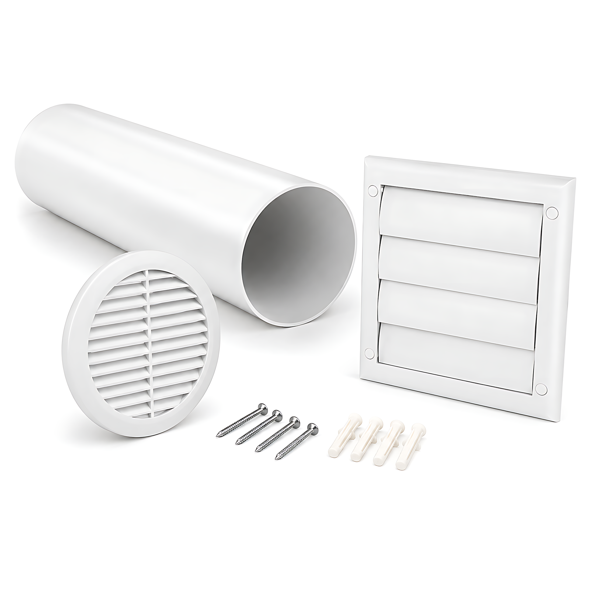 100mm Wall Vent Kit with 500mm Duct, Indoor Grille & Backdraught Vent for Bathrooms, Kitchens, Toilets, Cloakrooms & Utility Rooms