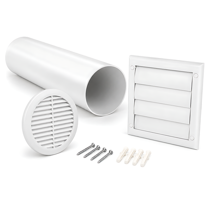 100mm Wall Vent Kit with 500mm Duct, Indoor Grille & Backdraught Vent for Bathrooms, Kitchens, Toilets, Cloakrooms & Utility Rooms